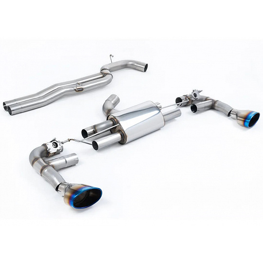 Milltek Sport výfukový systém cat-back 80mm Race bez rezonátoru (nejhlasitější) pro Audi RS3 Sportback 400PS (8V MQB - Facelift) bez OPF/GPF 2017-2018, titanově modré koncovky