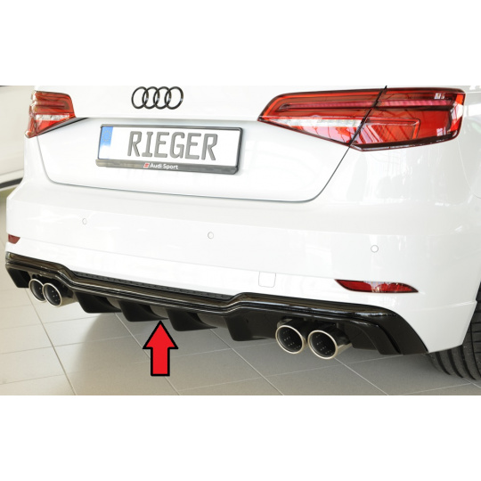 Rieger vložka zadního nárazníku pro Audi A3 8V 3-dvéř. (hatchback 8V1), 5-dvéř. (sportback 8VA) po faceliftu, plast ABS lakovaný do černé lesklé barvy, pro dvojité koncovky na obou stranách 4x90 mm Rieger vložka zadního nárazníku pro Audi A3 8V 3-dvéř. (hatchback 8V1), 5-dvéř. (sportback 8VA) po faceliftu, plast ABS lakovaný do černé lesklé barvy, pro dvojité koncovky na obou stranách 4x90 mm