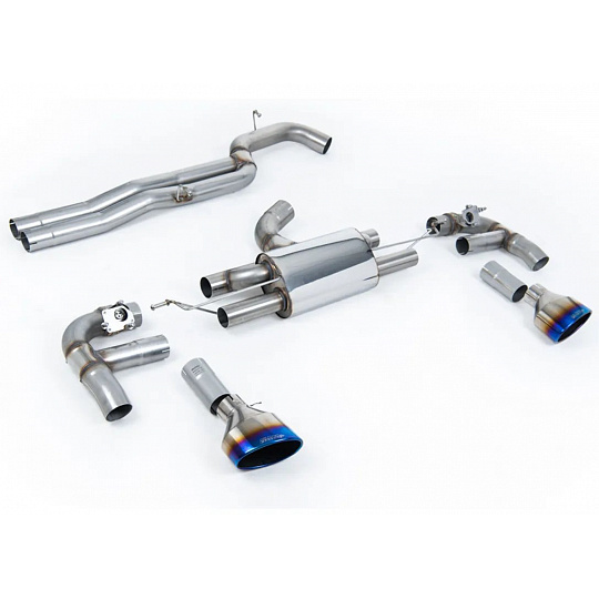 Milltek Sport výfukový systém cat-back 80mm Race bez rezonátoru (nejhlasitější) pro Audi RS3 Sedan 400PS (8V MQB) - bez OPF/GPF 2017-2024, titanově modré koncovky