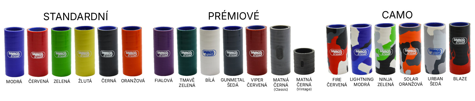 Dostupné barevné varianty silikonových hadic Samco Sport